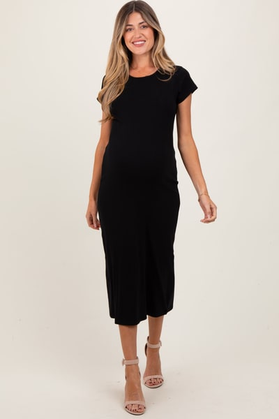 PinkBlush Black Basic Crewneck Maternity Midi Dress
