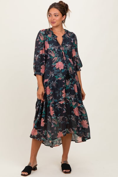 PinkBlush Black Floral Front Tie Tiered Maternity Midi Dress