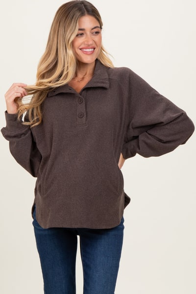 PinkBlush Brown Brushed Knit Button Collar Maternity Pullover