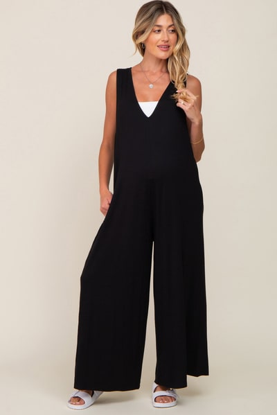 PinkBlush Black Deep V Sleeveless Wide Leg Maternity Jumpsuit
