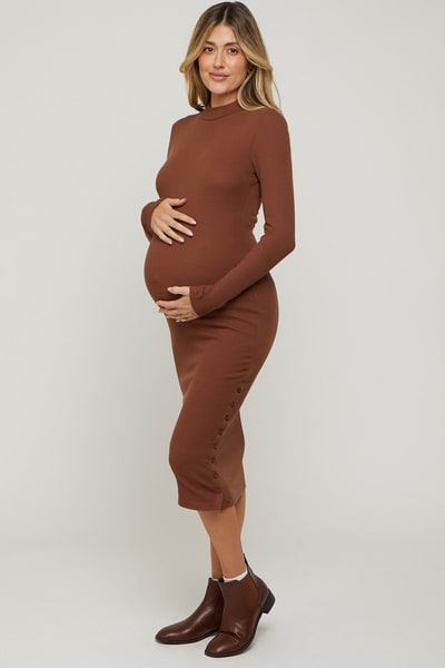 PinkBlush Brown Ribbed Mock Neck Button Side Slit Maternity Midi Dress