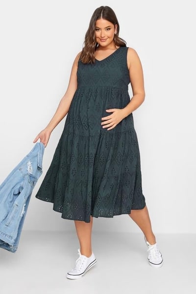 Yours Clothing BUMP IT UP MATERNITY Navy Blue Tiered Broderie Anglaise Dress