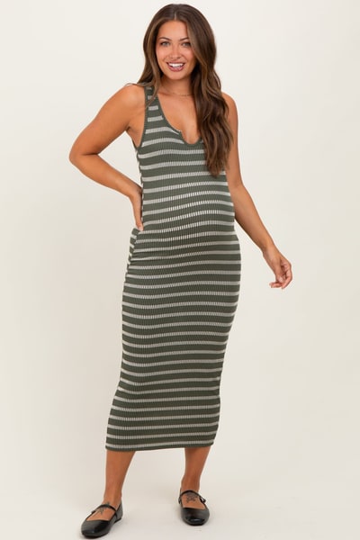 PinkBlush Olive Stripe Ribbed Sleeveless V Neck Maternity Maxi Dress