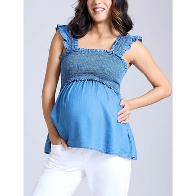Target Women's Ruffle Sleeve Detail Maternity Top - Chambray - Size: Large - Motherhood Maternity