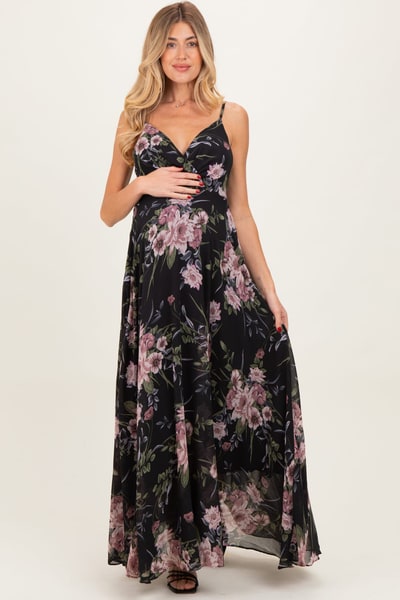 PinkBlush Black Floral V-Neck Sleeveless Maternity Maxi Dress