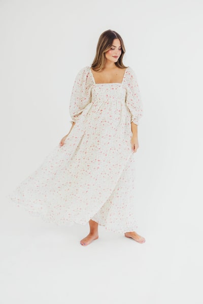 Worth Collective Mona Maxi Dress with Smocking in Ivory Floral - Bump Friendly & Inclusive Sizing (S-2XL)