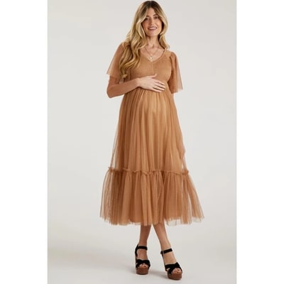 Target Pinkblush Camel Dotted Tulle Smocked Maternity Midi Dress Medium