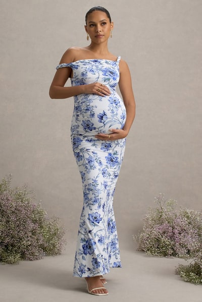 Club L London Lita | Blue Floral Print Twisted Asymmetric Maternity Maxi Dress
