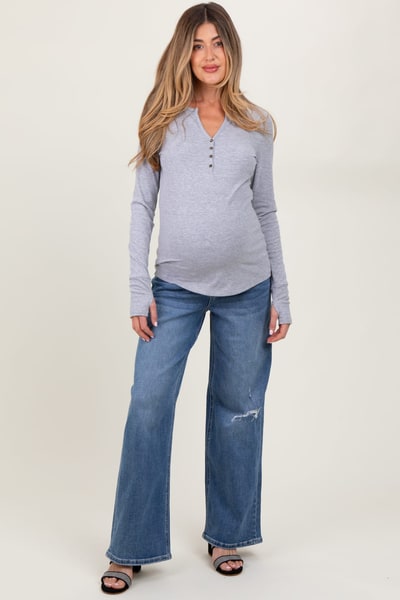 PinkBlush Blue Distressed Open Knee Wide Leg Maternity Jeans