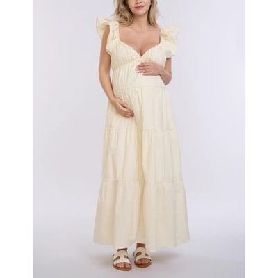 Target Women's Ruffle Sleeve Tie-Back Maxi Maternity Dress - Winter White - Size: X Small - Motherhood Maternity