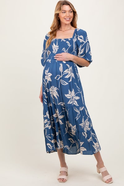 PinkBlush Blue Smocked Puff Sleeve Maternity Midi Dress