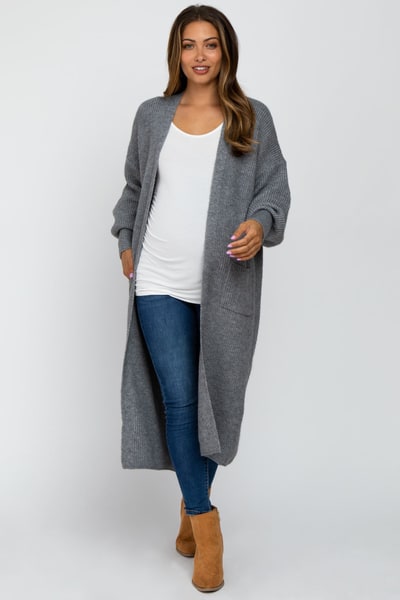 PinkBlush Heather Grey Bubble Sleeve Long Maternity Cardigan