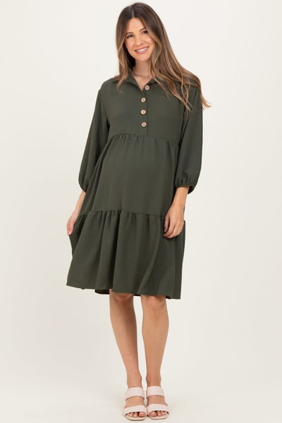 PinkBlush Olive Long Sleeve Button Down Collared Tiered Maternity Dress