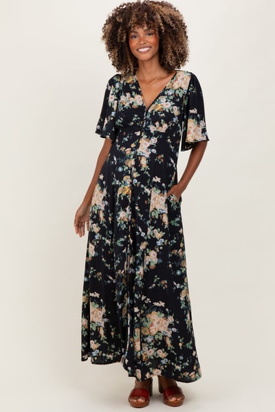 PinkBlush Navy Floral Flutter Button Down Maternity Maxi Dress