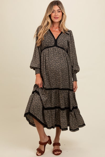 PinkBlush Black Floral Lace Trim Bubble Sleeve Maternity Maxi Dress