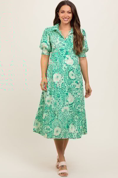 PinkBlush Emerald Green Floral Collared Tiered Maternity Midi Dress