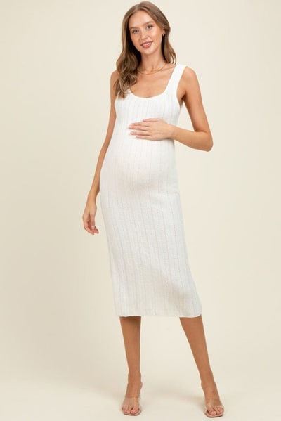 PinkBlush Ivory Wide Ribbed Sweater Knit Maternity Midi Dress