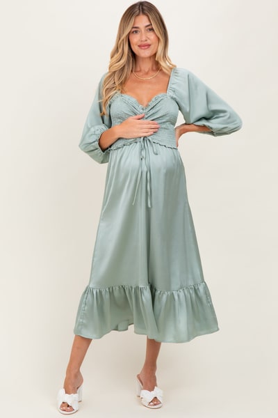 PinkBlush Light Olive Satin Smocked Cinched Bust Maternity Midi Dress