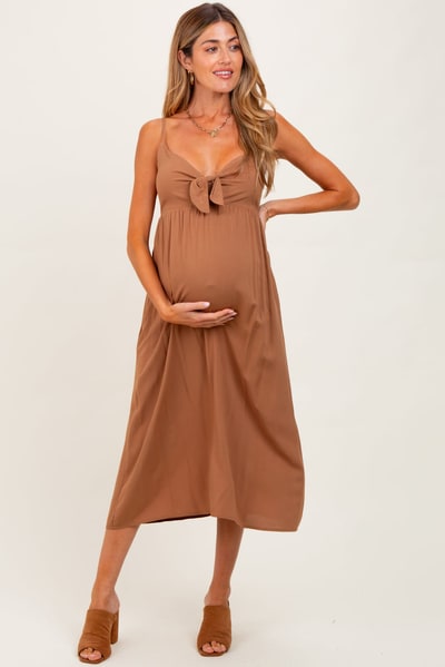 PinkBlush Camel Front Tie Sleeveless Maternity Midi Dress