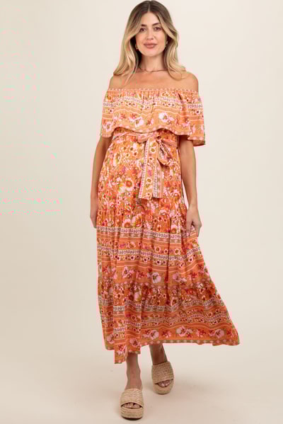 PinkBlush Peach Floral Off Shoulder Maternity Maxi Dress