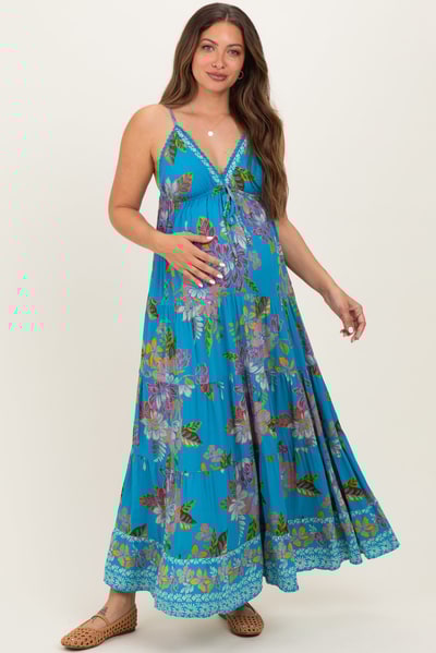 PinkBlush Turquoise Floral Deep V-Neck Tiered Maternity Maxi Dress