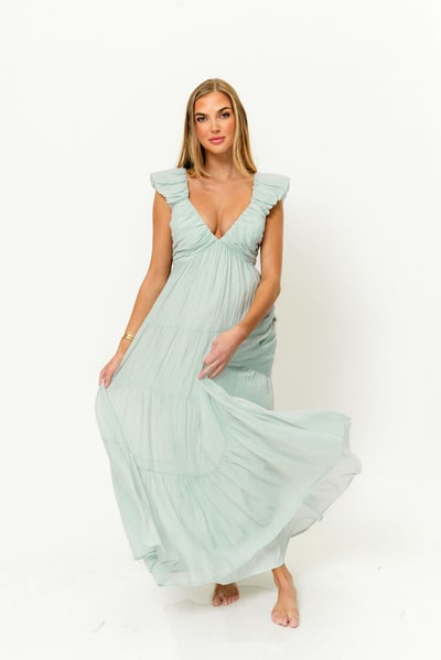 Worth Collective Katy Pleated Bodice Maxi Dress in Light Mint - Bump Friendly