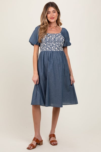 PinkBlush Blue Chambray Floral Embroidered Short Sleeve Maternity Midi Dress