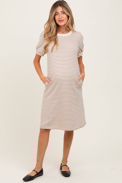 PinkBlush Mocha Striped Puff Sleeve Maternity Midi T-Shirt Dress