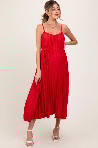 PinkBlush Red Pleated Sash Tie Maternity Midi Dress
