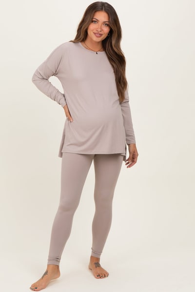 PinkBlush Light Mocha Brushed Knit Oversized Top and Legging Maternity Set