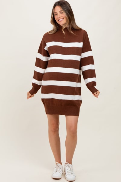 PinkBlush Brown Striped Knit Turtleneck Maternity Sweater Dress