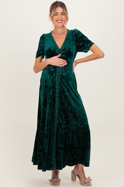 PinkBlush Forest Green Velvet Floral Button Down Maternity Maxi Dress