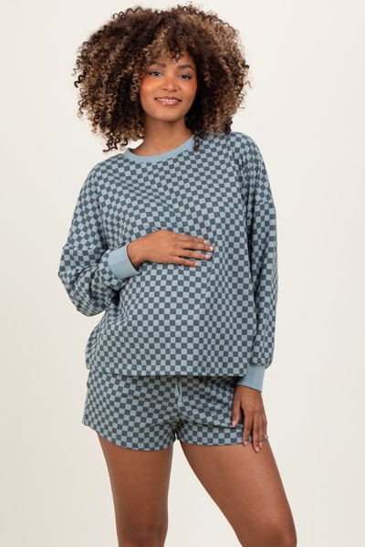 PinkBlush Dark Teal Checkered Plaid Pullover Shorts Maternity Set