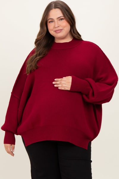 PinkBlush Burgundy Mock Neck Exposed Seam Maternity Sweater