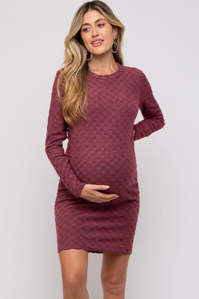 PinkBlush Burgundy Soft Brushed Knit Long Sleeve Maternity Dress