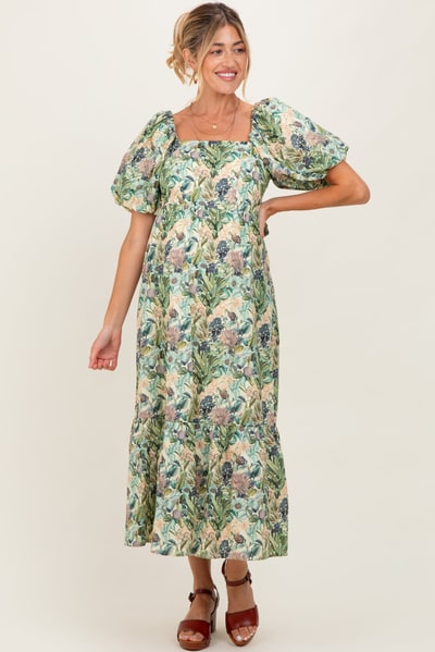 PinkBlush Multicolor Floral Puff Sleeve Bow Tie Detail Maternity Midi Dress