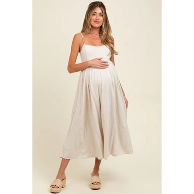 Target Pinkblush Beige Linen Ribbon Pattern Embroidered Maternity Midi Dress Small