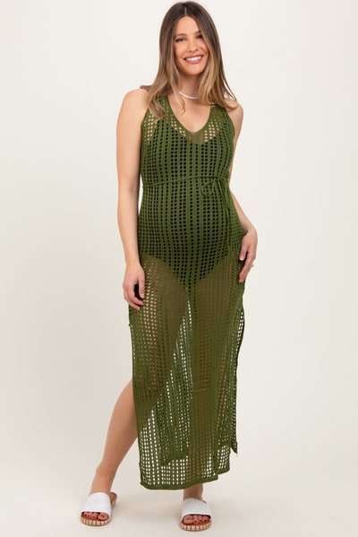 PinkBlush Olive Crochet V-Neck Side Slit Maternity Cover Up