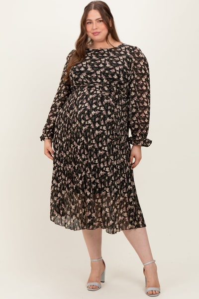 PinkBlush Black Floral Chiffon Long Sleeve Pleated Maternity Plus Midi Dress
