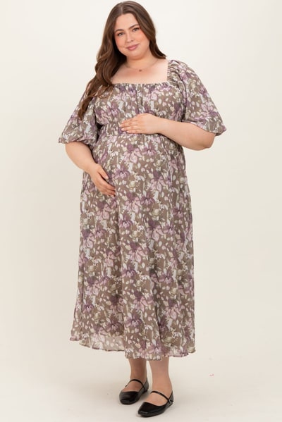 PinkBlush Taupe Floral Square Neck Short Puff Sleeve Maternity Plus Midi Dress