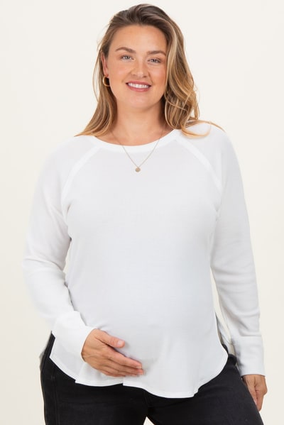 PinkBlush White Baby Waffle Knit Long Sleeve Maternity Plus Top