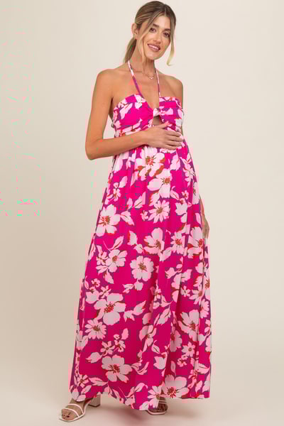 PinkBlush Fuchsia Floral Halter Neck Maternity Maxi Dress