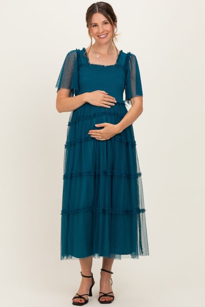 PinkBlush Teal Ruffled Mesh Maternity Maxi Dress