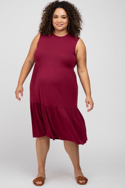 PinkBlush Burgundy Ribbed Sleeveless Plus Maternity Midi Dress