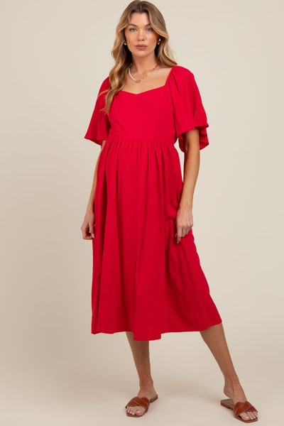 PinkBlush Red Flutter Short Sleeve Back Tie Cutout Maternity Midi Dress