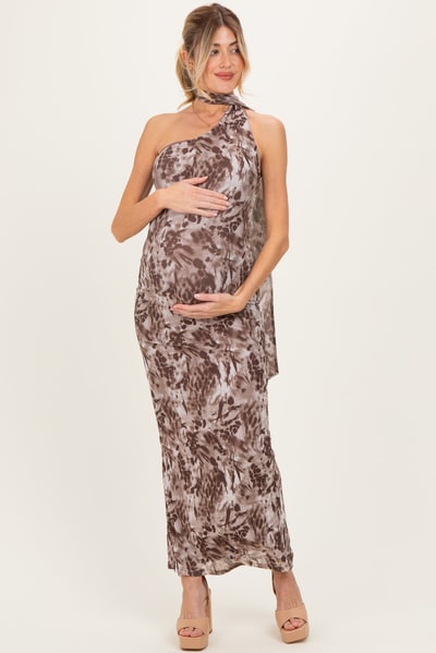 PinkBlush Mocha Printed Halter Maternity Maxi Dress