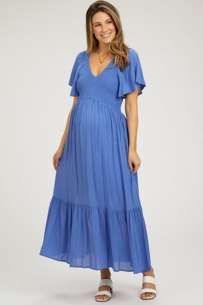 PinkBlush Blue Smocked Flutter Sleeve Maternity Midi Dress