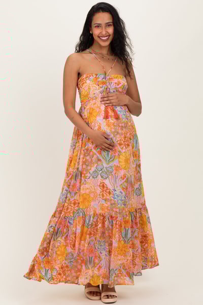 PinkBlush Multicolor Floral Halter Crisscross Back Maternity Maxi Dress