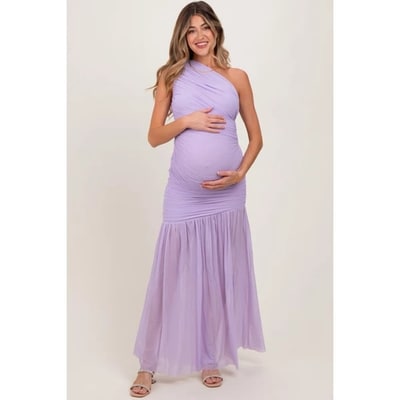 Target Pinkblush Lavender Ruched Mesh One Shoulder Maternity Maxi Dress Small