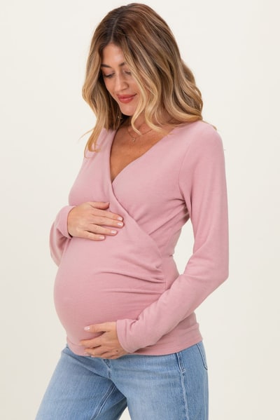 PinkBlush Mauve Brushed Knit Wrap Front Maternity Top